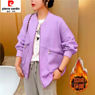 皮爾卡丹（pierre cardin）韓版時尚休閑加絨加厚外套女秋冬款棒球服寬松遮肚子洋氣開衫衛(wèi)衣 T112淺紫色【加絨】 XL 120-135斤