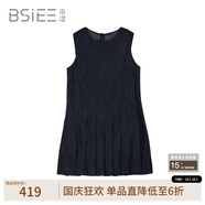 BSIEE2025年夏季新款圓領(lǐng)無(wú)袖復古文藝百褶牛仔背心連身裙 牛仔藍 牛仔藍 均碼 F 