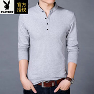 花花公子（PLAYBOY）純棉長袖T恤男加絨加厚立領(lǐng)中青年修身全棉T恤打底衫爸爸裝 8165灰色 薄款 S 165