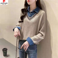 皮爾卡丹（pierre cardin）假兩件拼接牛仔布襯衫領(lǐng)毛衣女秋冬時尚針織寬松套頭大尺碼百搭女 淺咖色牛仔領(lǐng) XL