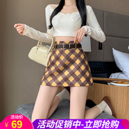歐貝汐秋冬款復古學(xué)院風(fēng)經(jīng)典格紋A字短裙時(shí)尚百搭包臀半身裙 黃色格子 S