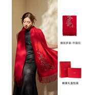 上海故事秋冬新款絲巾女用毛繡花披肩絲巾軟厚保暖長者禮盒 瑰麗多姿-中國紅