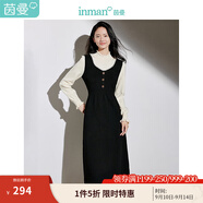 茵曼長(zhǎng)袖毛織連衣裙女2024年冬季新款小香風(fēng)假兩件內(nèi)搭中長(zhǎng)裙子 黑色 L