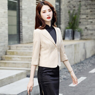清雅若蘭小西裝春秋小外套短款女裝修身收腰工作服通勤白色職業(yè)裝黑小西服 杏色（中袖） M