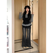 靈佰詩(shī)奴樂(lè )韓國覆古早春可愛(ài)的對比色蕾絲拼接假兩件套長(cháng)袖t恤女性春秋定制 黑灰色版 黑灰色版 M