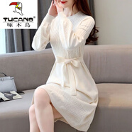 啄木鳥(niǎo)羊·毛絨連衣裙中長(zhǎng)款過(guò)膝毛衣裙2025秋冬季新款針織收腰洋氣女裝 米白色 M 95-110斤