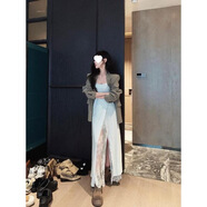 蕾絲吊帶連衣裙開(kāi)叉長(cháng)裙秋季套裝新款正肩外套長(cháng)袖女西裝 白色吊帶連衣裙 370 L