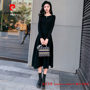 皮爾卡丹（pierre cardin）品牌高檔輕奢黑色針織連衣裙女秋冬季2025修身顯瘦高領(lǐng)內(nèi)搭打底裙 品牌高端新品-黑色圓領(lǐng)長款 整體針織材質(zhì) 裙長106CM S 100斤左右以下