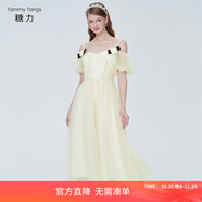 糖力【商場同款】夏新款女中長款仙氣刺繡歐根紗吊帶連衣裙 杏色 M