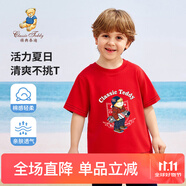 Classic Teddy兒童短袖男童T恤女童上衣夏季新款童裝寶寶衣服半袖夏裝1 滑板小熊織標短袖大紅 130