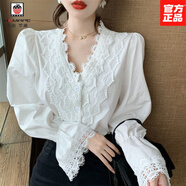 AEMAPE法式小眾設計感蕾絲花邊V領(lǐng)襯衫女2025春季新款長(cháng)袖白襯衣女上衣 白色 M
