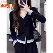 乖米豆黑色假兩件V領(lǐng)長(cháng)袖針織衫早秋新款大碼胖mm打底衫顯瘦針織開(kāi)衫 黑色 L 建議100-118斤