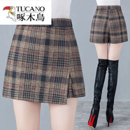 啄木鳥(niǎo)（TUCANO）格子毛呢短褲裙女2025秋冬新款高腰裙褲臀A字不規則 灰色格子 XL