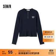 森馬（Semir）毛衣女冬季短款半開襟刺繡修身套頭衫女生休閑簡約風(fēng)顯瘦上衣 深藍(lán)80804 XL