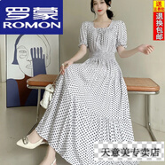 羅蒙（ROMON）超仙棉綢連衣裙時(shí)尚方領(lǐng)大擺碎花長(zhǎng)裙波西米亞收腰顯瘦度假沙灘裙 白底波點(diǎn) 2XL 120-130斤