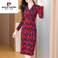 皮爾卡丹（pierre cardin）長(zhǎng)袖連衣裙女2025新款春秋款修身氣質(zhì)名媛高端包臀裙媽媽中長(zhǎng)裙子 紅色 今年流行的輕奢品牌 M (104斤以下)