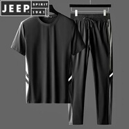 JEEP SPIRIT冰絲運動(dòng)套裝男夏季超薄速干透氣短袖T恤大碼寬松休閑長(cháng)褲兩件套 A12黑色套裝 M 建議80-100斤