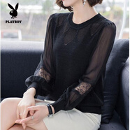 花花公子（PLAYBOY）蕾絲針織衫女2025春秋媽媽薄款洋氣減齡外穿寬松遮肚網(wǎng)紗長(zhǎng)袖打底 黑色 XL