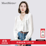 MeetMetro瑪依爾波點(diǎn)印花法式襯衫女2025秋新款燈籠袖套頭雪紡衫 白色MJ561235 XL