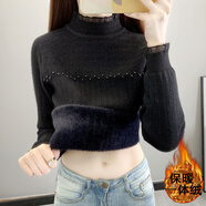 璇醇加絨毛衣女加厚一體絨高領(lǐng)春季新款套頭荷葉袖打底衫針織上衣 黑色(泡珠款) S