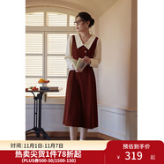 獨束大碼女裝假兩件撞色襯衫領(lǐng)連衣裙女秋冬微胖mm文藝復(fù)古穿搭裙子 勃艮第紅【適合165左右】 2XL