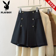 花花公子（PLAYBOY）大碼配靴子毛呢短褲女2025新款冬季外穿胖mm高腰遮肉a字闊腿褲子 黑色   XL 建議118-136斤