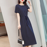 寬松連衣裙洋裝女夏季長(cháng)版過(guò)膝條紋收腰顯瘦大尺碼休閑T恤長(cháng)裙寬 藏青 橫條紋32款 S 90-100斤