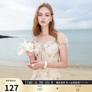 三彩2025夏季新款木耳邊荷葉袖蝴蝶印花雪紡連衣裙大擺長(zhǎng)裙M 杏色花卉 L 165/88A