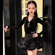 茶年（CHANIAN）拉丁舞服裝女童秋冬 秋冬女童蕾絲長(cháng)袖絲絨蓬蓬裙大擺分體練功服 黑色 110