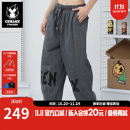 閃電潮牌（GENANX）中高腰牛仔褲黑灰色松緊帶繡花寬松直筒褲子男易穿搭 黑灰色 L
