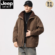 JEEP SPIRIT歐美寬松冬外套男加絨加厚仿麂皮夾克保暖商務(wù)羊羔絨大碼復古棉服 咖色加 絨 M 適合100-128斤