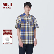 無(wú)印良品（MUJI）男式 馬德拉斯格紋紐扣領(lǐng)短袖襯衫男士襯衣外套純棉全棉 AC1W8A4S 藏青色格紋 L （175/100A）