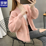 羅蒙水貂絨加厚針織衫外套上衣2025秋冬新款女裝韓版口袋寬松毛衣開(kāi)衫 粉色 XL