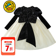 G.duck小黃鴨女童連衣裙春秋冬兒童禮服裙絲絨長(cháng)袖裙子女孩泡泡袖公主裙 黑色加絨 140 建議9~10歲【130-140cm】cm
