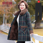 俞兆林（YUZHAOLIN）媽媽新款貂皮絲絨冬季中老年婦女中長(cháng)款羊毛外套寬松格紋羊毛襯里 紅色大方格+黑色褲 加絨 XL 參考85-100斤