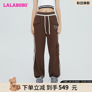 拉拉波波【美拉德】春季新款松緊腰多口袋束腳潮休閑褲女LBCC-WXZC20 咖色 L