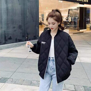 vnxifm菱形格立領(lǐng)中長(cháng)款棉服外套女秋冬裝新款原宿風(fēng)加厚夾棉棒球服棉衣 黑色 S