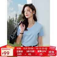 LAGOGO含桑蠶絲舒適純色T恤女拉谷谷2025夏新款簡(jiǎn)約通勤V領(lǐng)上衣 藍(lán)色 S