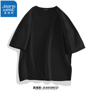 真維斯（JEANSWEST）重磅短袖T恤男汗衫小眾t恤潮流ins風(fēng)印花胸標(biāo)時(shí)尚學(xué)生純棉體恤衫 黑色（純色） L (體重110斤-130斤)