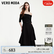 VEROMODA連衣裙新款一字領(lǐng)五分袖修身A字不規(guī)則通勤優(yōu)雅 S59黑色 175/92A/XL