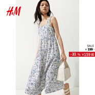 H&M女裝無(wú)領(lǐng)連衣裙25夏方領(lǐng)法式喇叭印花吊帶設計感碎花裙1287798 白色/藍色圖案 XL 175/116