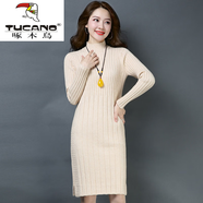啄木鳥(niǎo)（TUCANO）毛衣裙針織裙春秋半高領(lǐng)中長(cháng)款套頭毛衣女韓版修身毛衣裙春秋厚款 米白 (不加/絨) L (100-115斤)