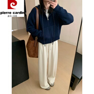 皮爾卡丹（pierre cardin）氣質(zhì)休閑連帽加厚短款開(kāi)衫2025秋冬新款韓版淑女風(fēng)顯瘦上衣針織衫 藏青色 均碼