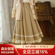 森女部落原創(chuàng)蕾絲花邊棕色長裙純色半身裙秋新款秋冬女裝 卡其色（單件） 單件 M