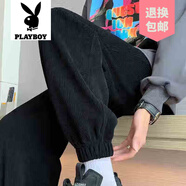 花花公子（PLAYBOY）品牌2025秋冬加絨加厚休閑褲男女潮牌百搭運動衛(wèi)褲寬松束腳舒適款 A00黑色【春秋高品質(zhì)】   薄款 XL 【建議130-140斤內(nèi)】