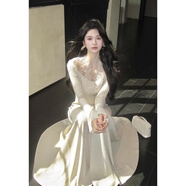 彈簧人（TANHUANGREN）2025溫柔氛圍感蕾絲v領(lǐng)針織連衣裙收腰顯瘦a擺長(cháng)裙 米白色 S