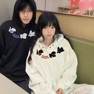 韓潮襲人（HAN CHAO XI REN）特別的情侶裝衛衣春秋冬款2025新款潮牌高級感白灰色連帽加絨外套 男黑+女白【連帽薄款】高品質(zhì) 領(lǐng)邊狗狗 找不到碼數可聯(lián)系客服備注 均碼