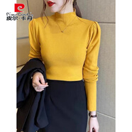 皮爾卡丹（pierre cardin）半高領(lǐng)泡泡袖長袖針織衫女2025秋冬季新款修身打底衫洋氣內(nèi)搭上衣 黃色  S 【80-95斤】
