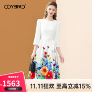 歐迪鳥（ODYBIRD）印花七分袖連衣裙女2025秋季新款系帶修身顯瘦輕熟風(fēng)大擺裙子 米白色 S