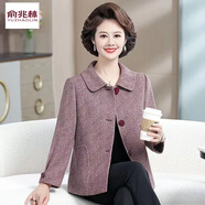 俞兆林2025新款媽媽秋裝毛呢外套短款洋氣50歲中老年女春秋翻領(lǐng)呢子上衣 紅色679 XL 建議105斤以下